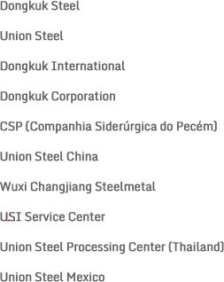 Dongkuk Steel, Union Steel, Dongkuk International, Dongkuk Corporation, CSP (Companhia Siderúrgica do Pecém), Union Steel China, Wuxi Changjiang Steelmetall, USI Service Center, Union Steel Processing Center (Thailand), Union Steel Mexico